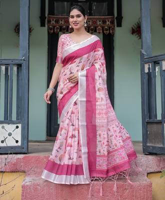 Linen handloom saree with digital floral print and tassels     festive wear 2