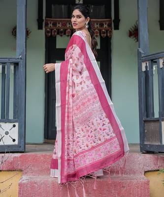 Linen handloom saree with digital floral print and tassels     festive wear 4