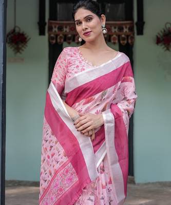 Linen handloom saree with digital floral print and tassels     festive wear 5