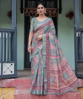 Pastel floral handloom linen saree with pallu tassels & blouse piece 1