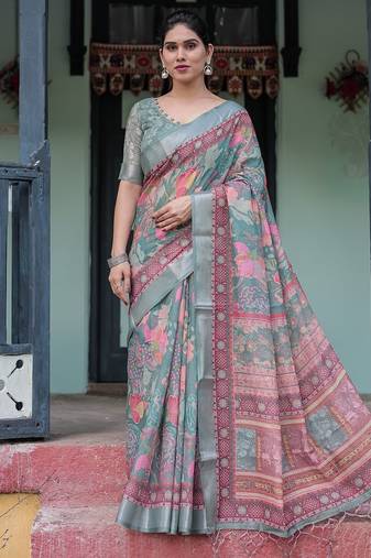 Pastel floral handloom linen saree with pallu tassels & blouse piece