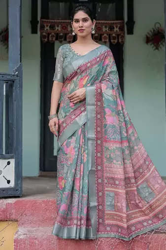 Pastel floral handloom linen saree with pallu tassels & blouse piece