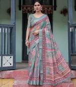 Pastel floral handloom linen saree with pallu tassels & blouse piece