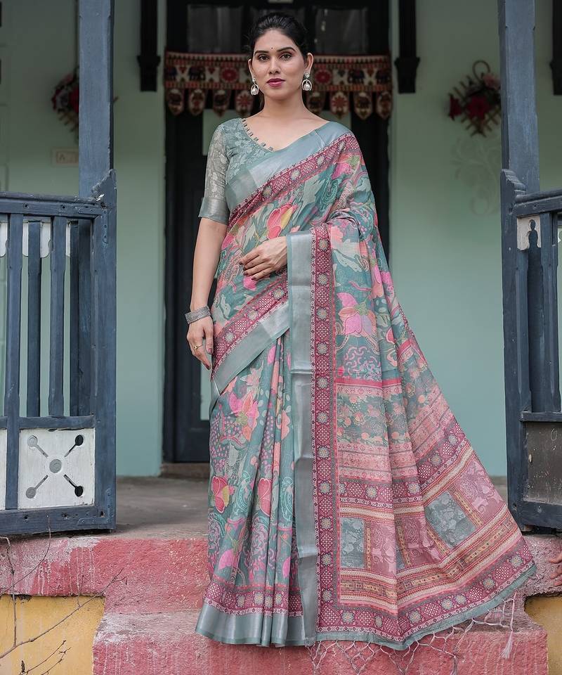 Pastel floral handloom linen saree with pallu tassels & blouse piece