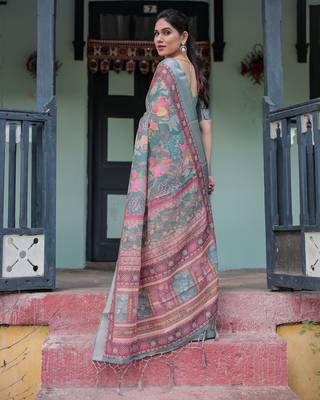 Pastel floral handloom linen saree with pallu tassels & blouse piece 2