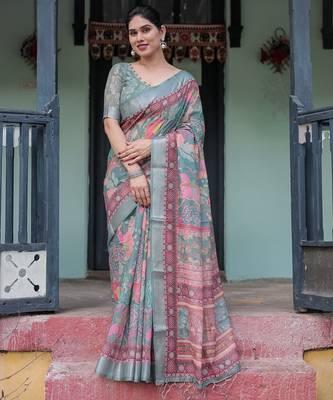 Pastel floral handloom linen saree with pallu tassels & blouse piece 3