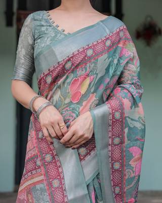 Pastel floral handloom linen saree with pallu tassels & blouse piece 4