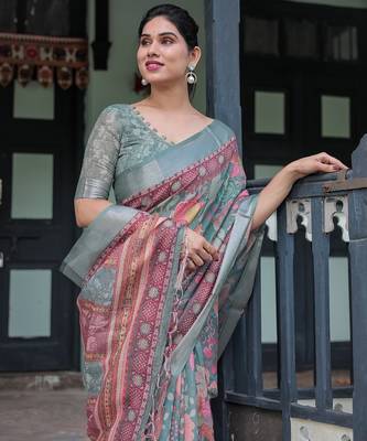 Pastel floral handloom linen saree with pallu tassels & blouse piece 5
