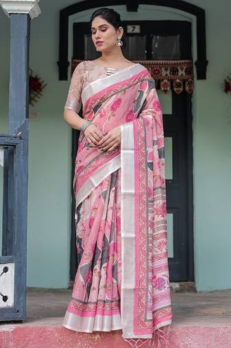 Ethnic handloom linen saree with colorful floral print and matching blouse