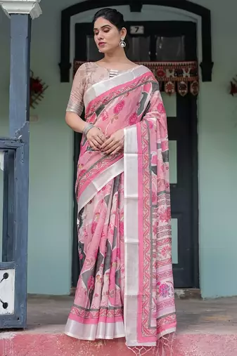 Ethnic handloom linen saree with colorful floral print and matching blouse