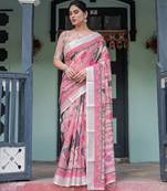 Ethnic handloom linen saree with colorful floral print and matching blouse