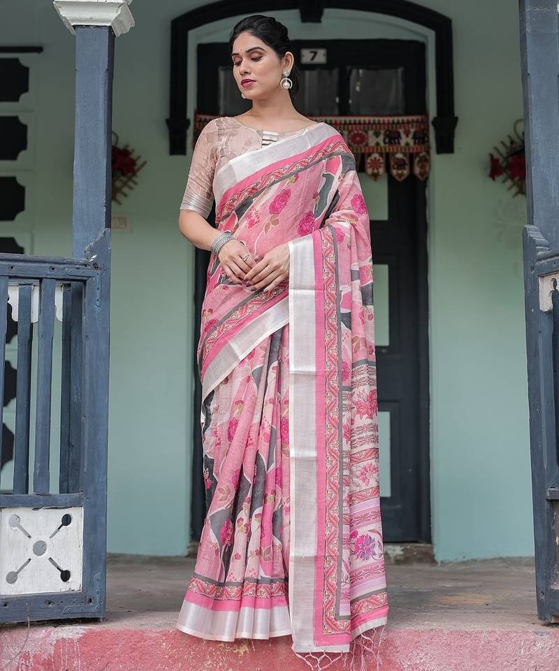 Ethnic handloom linen saree with colorful floral print and matching blouse