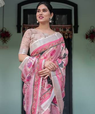 Ethnic handloom linen saree with colorful floral print and matching blouse 2