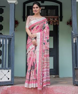 Ethnic handloom linen saree with colorful floral print and matching blouse 3
