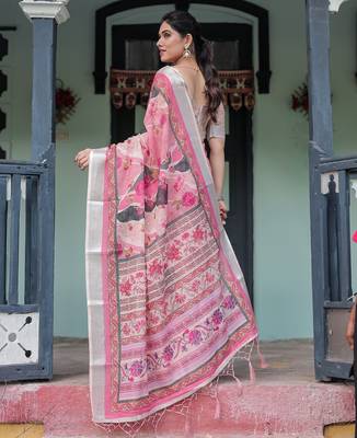 Ethnic handloom linen saree with colorful floral print and matching blouse 4