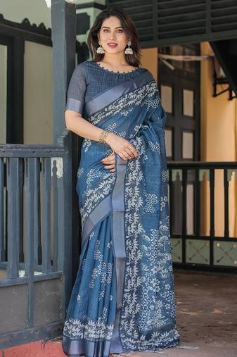Linen cotton blend handloom saree with floral motif and tassel border