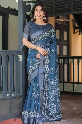 Linen cotton blend handloom saree with floral motif and tassel border