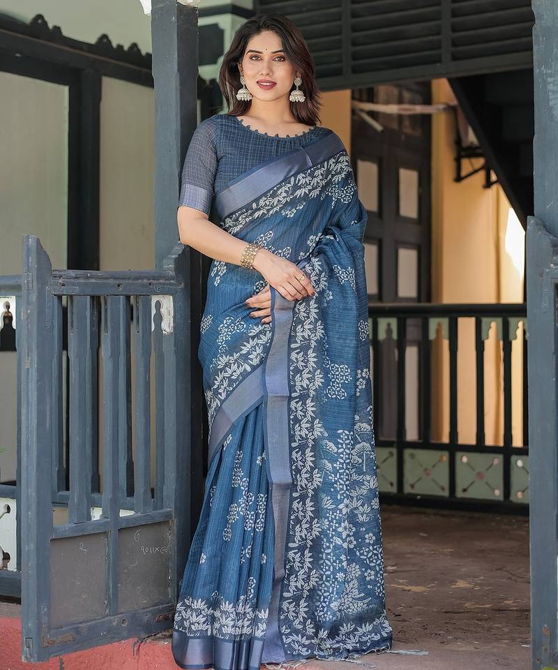 Linen cotton blend handloom saree with floral motif and tassel border