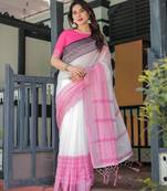 Women   s handloom linen saree     floral printed with attached blouse & tassels