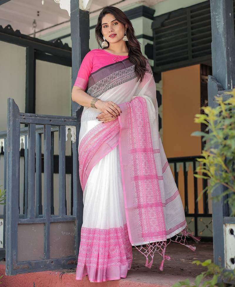 Women   s handloom linen saree     floral printed with attached blouse & tassels