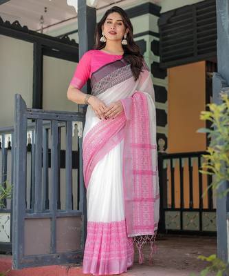 Women   s handloom linen saree     floral printed with attached blouse & tassels 3