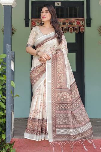 Premium floral print handloom linen saree with pallu tassels     5.5m