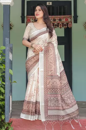 Premium floral print handloom linen saree with pallu tassels – 5.5m