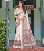 Premium floral print handloom linen saree with pallu tassels     5.5m
