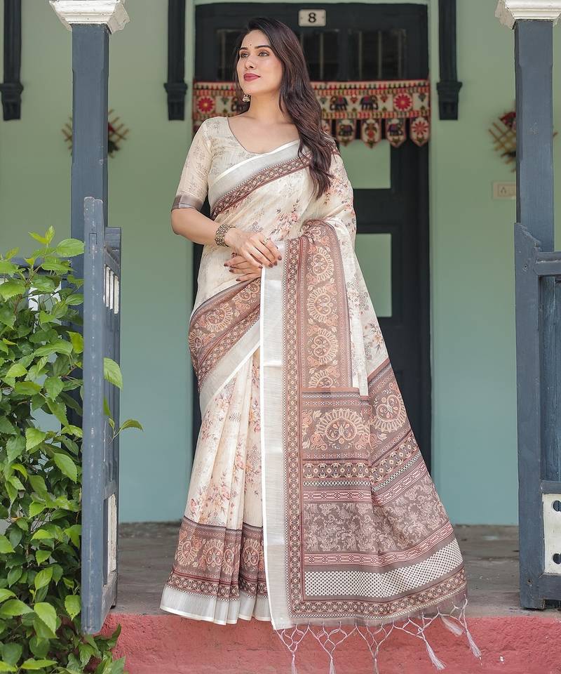 Premium floral print handloom linen saree with pallu tassels     5.5m