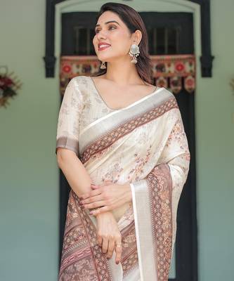 Premium floral print handloom linen saree with pallu tassels     5.5m 2