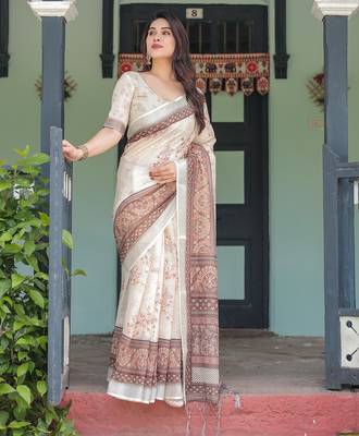 Premium floral print handloom linen saree with pallu tassels     5.5m 3