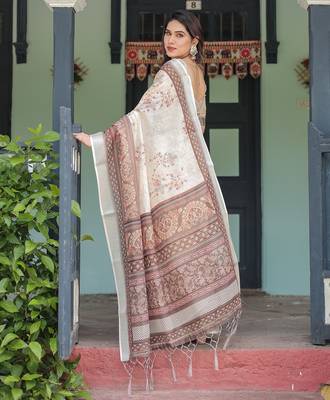 Premium floral print handloom linen saree with pallu tassels     5.5m 5