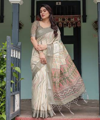 Printed handloom linen saree for women with floral design and tassels 1