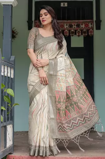 Printed handloom linen saree for women with floral design and tassels