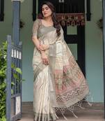 Printed handloom linen saree for women with floral design and tassels