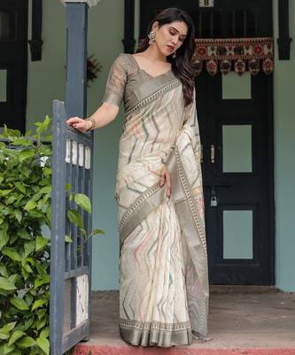 Printed handloom linen saree for women with floral design and tassels 2