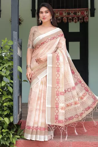 Everyday elegance handloom linen floral saree with blouse piece – 5.5m