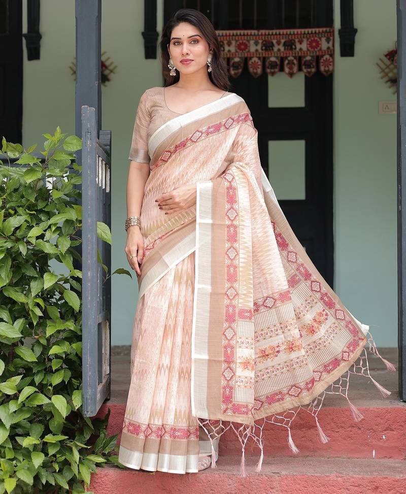 Everyday elegance handloom linen floral saree with blouse piece     5.5m
