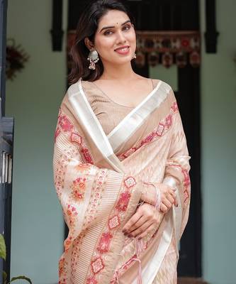 Everyday elegance handloom linen floral saree with blouse piece     5.5m 2