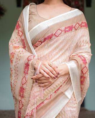 Everyday elegance handloom linen floral saree with blouse piece     5.5m 4