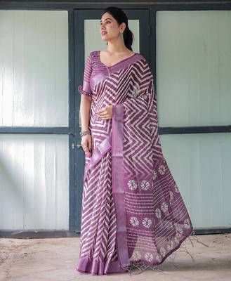 Soft handloom linen saree with multicolor floral print and tassel edges 1