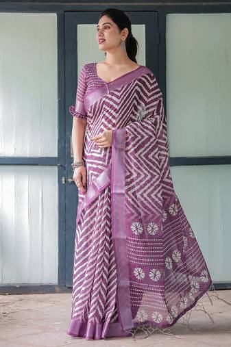 Soft handloom linen saree with multicolor floral print and tassel edges