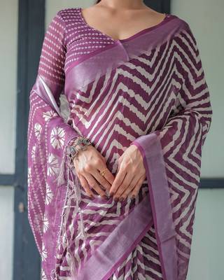 Soft handloom linen saree with multicolor floral print and tassel edges 2