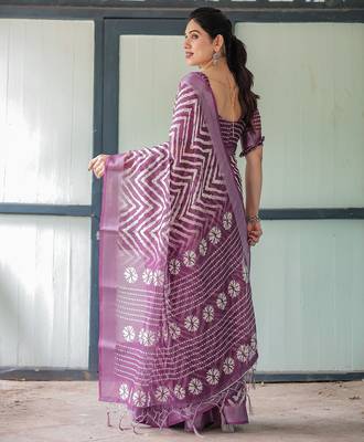 Soft handloom linen saree with multicolor floral print and tassel edges 3