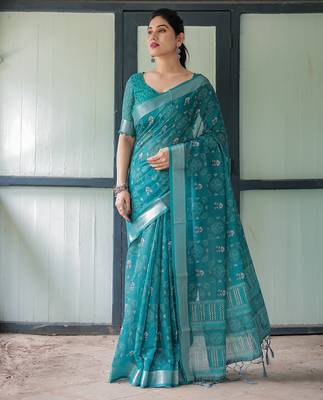 Stylish linen handloom saree with floral digital print and tassels     5.5m + 0.8m 1