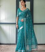Stylish linen handloom saree with floral digital print and tassels     5.5m + 0.8m