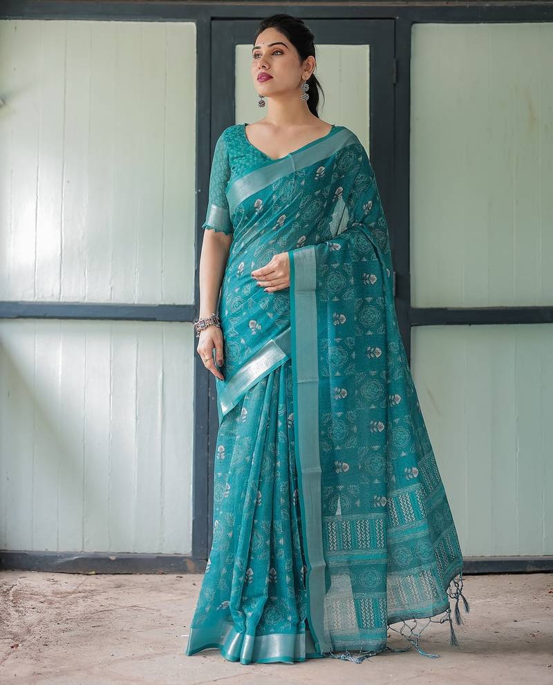 Stylish linen handloom saree with floral digital print and tassels     5.5m + 0.8m