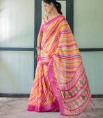 Festive ready handloom linen saree with floral artwork & matching blouse