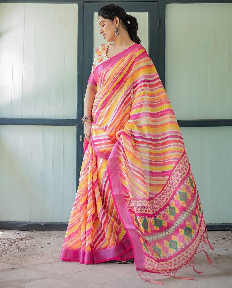 Festive ready handloom linen saree with floral artwork & matching blouse