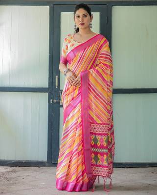 Festive ready handloom linen saree with floral artwork & matching blouse 2